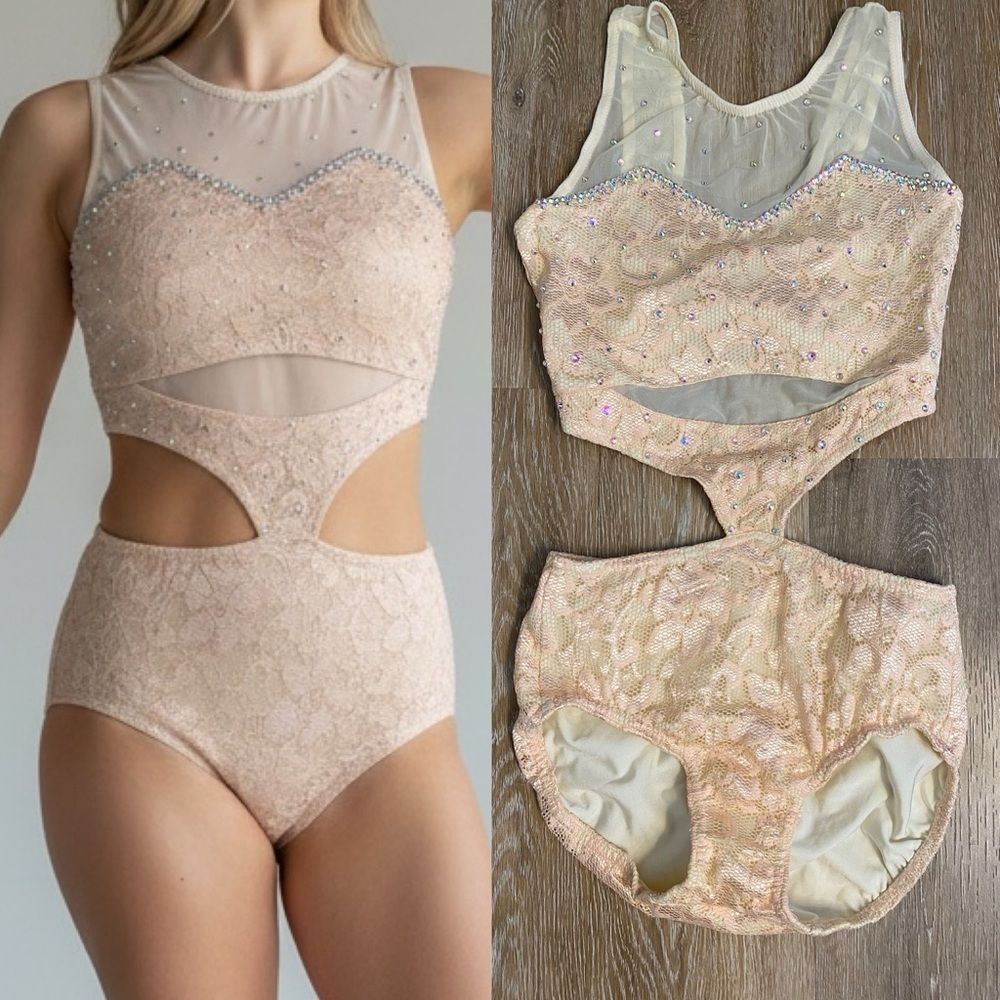 Reverence Custom solo stoned dance costume peach blush lace illusion leotard MA